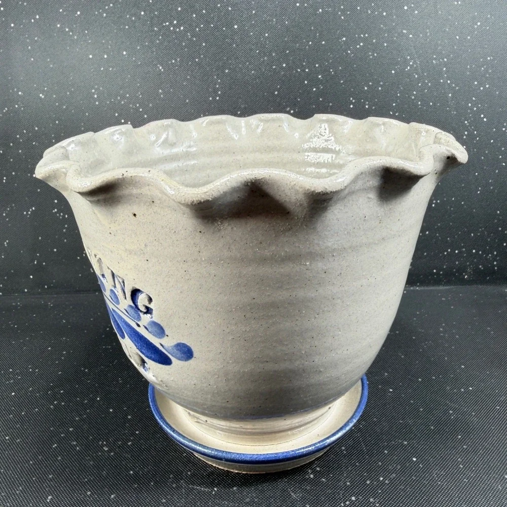 Westerwald Stoneware Fort Benning Georgia Planter Ruffled Rim Cobalt Blue Signed